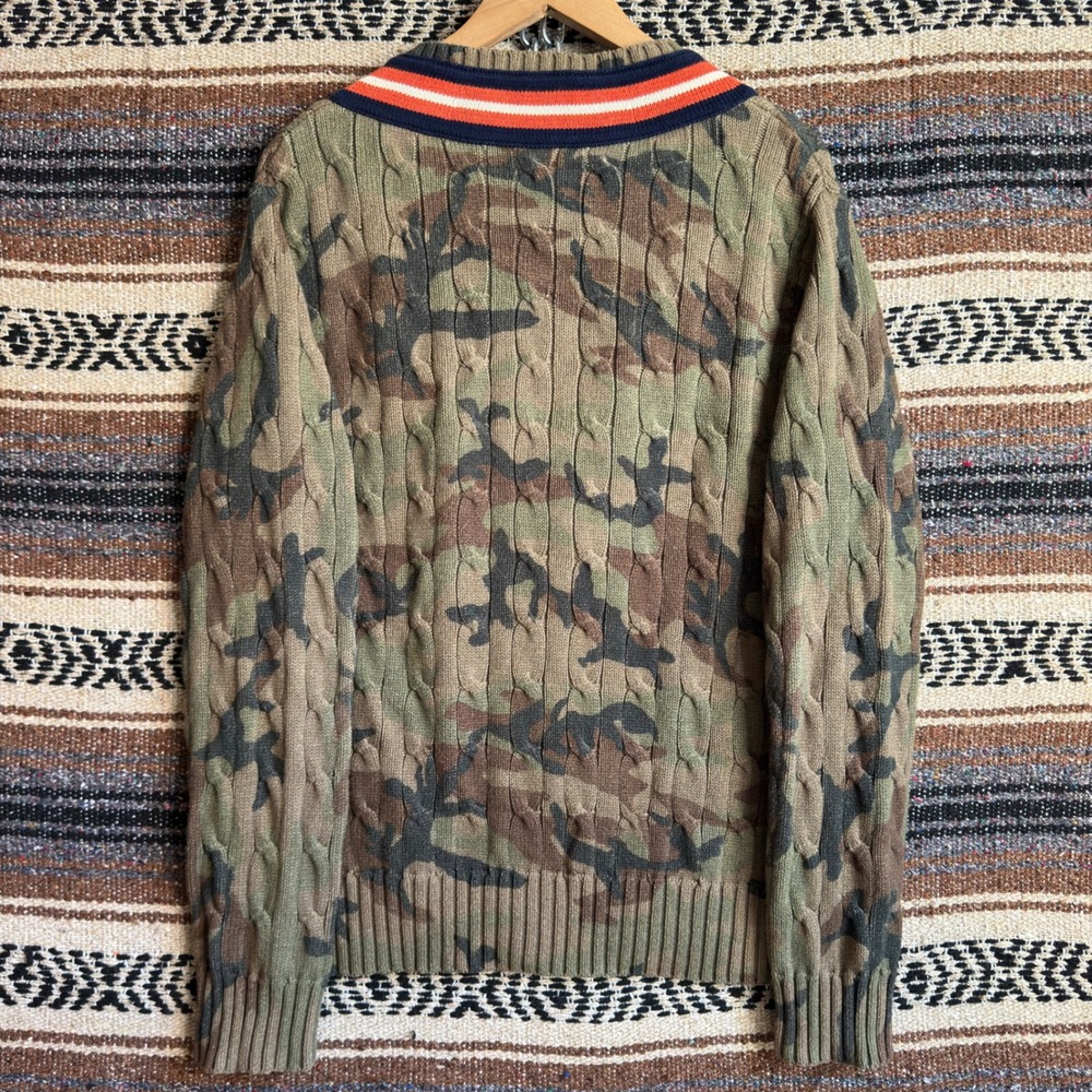 Polo Ralph Lauren V-Neck Cable Knit Sweater Medium Green Camo Tiger Patch - Picture 2 of 10